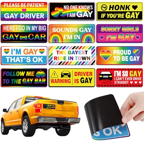 Image of 12 Pcs Gay Pride Funny Magnet Bumper Sticker LGBT Rainbow Pride Prank Magnetic Sign for Vehicle Truck Reusable Magnet Sticker for Fridge(Cute)