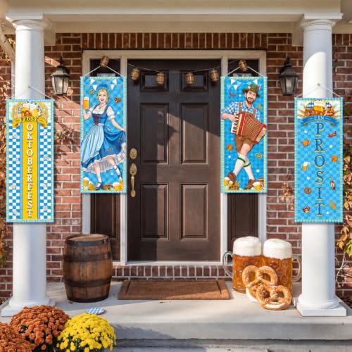 Image of Panelee 4 Pcs Oktoberfest Party Decorations Oktoberfest Prosit Couple Porch Banners Bavarian Hanging Banner Backdrop for German Theme Beer Festival Indoor Outdoor Wall Hanging Decor