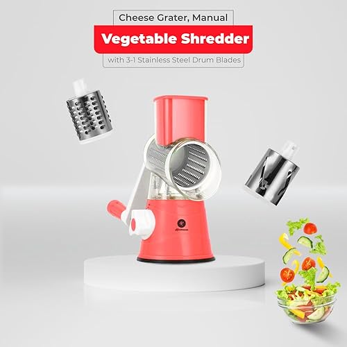 Miniatura 2 de Rallador rotativo de queso, triturador manual de verduras con cuchillas de tambor de acero inoxidable 3-1, fácil de usar y limpiar, cortador de