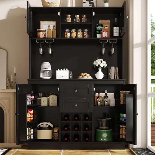 Fppuueg Alacena de Cocina con 4 Puertas y 2 Cajones, Armario Cocina con Estantes Ajustables y Botellero, Armario Cocina Almacenaje con Espacio de Almacenamiento, 120x40x188 cm, Negro