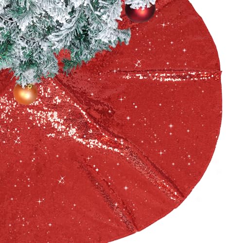 PartyDelight Red Christmas Tree Skirt 36 inch Sequin Sparkly Base Cover for Merry Christmas Party Holiday Home Indoor Halloween Xmas Tree Decorations
