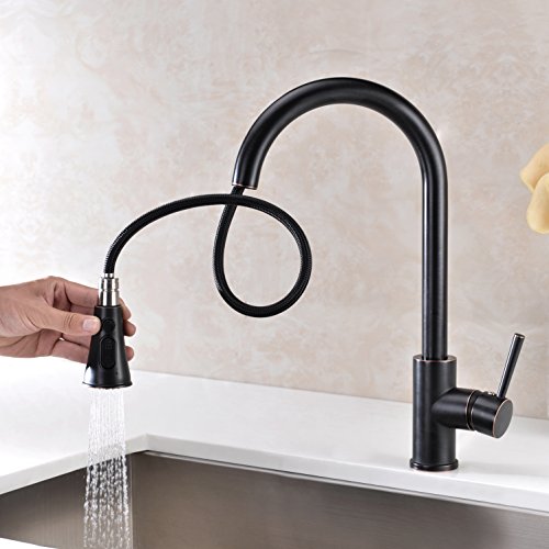 Lazada Single Handle Solid Brass Oil Rubbed Bronze Pull Out Sprayer Kitchen Sink Faucet, High Arc Pull Down Kitchen Faucet #TOP4