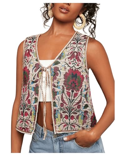 Verdusa Women's Boho Floral Vest Tie Front V Neck Sleeveless Festival Western Outwear Jacket
