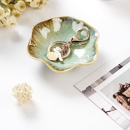 Image of JAMEND CLXP Lotus Leaf Shape Ring Holder Dish, Small Key Bowl, Ceramic Trinket Tray Jewelry Dish Organizing Necklace Earrings for Mom Friend Sister. All Jewelries Are NOT Included. Crystal Green.