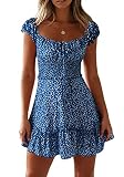Cicy Bell Damen Sexy Blumendruck Mini Kleid Smocked Rüsche Boho Kleider Tie Front Sommerkleid Blau S