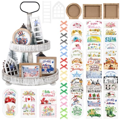 48 Pcs Interchangeable Seasonal Tiered Tray Decor Set Farmhouse Spring Easter Tiered Decorations Include Wood Frames with Ladders Cards Bow Knot, Tray Not Included(Lovely Color,Holiday)