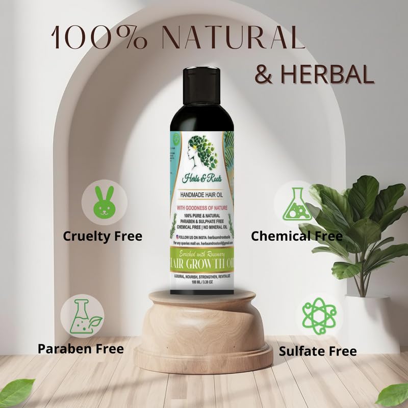 Image of Herbs & Roots Hair Growth Oil - enriched with rosemary Nourishing Ayurvedic Herbal Oil for Hair Fall Control, Hair Regrowth, Strong Roots & Healthy Scalp pack of 2 |100ml each