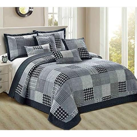 Householdfurnishing 3 Piece Printed Patchwork Bedspread Quilted Bed Throw Comforter with Pillow Shams (Check, Single) Cover