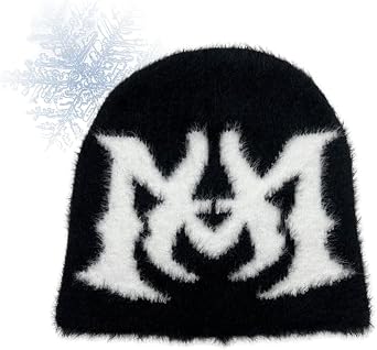 Grunge Y2k Cuffed Beanie Slouchy Knitted Hat Distressed Hiphop Letter Jacquard Bucket Hat Goth Skull Cap Black