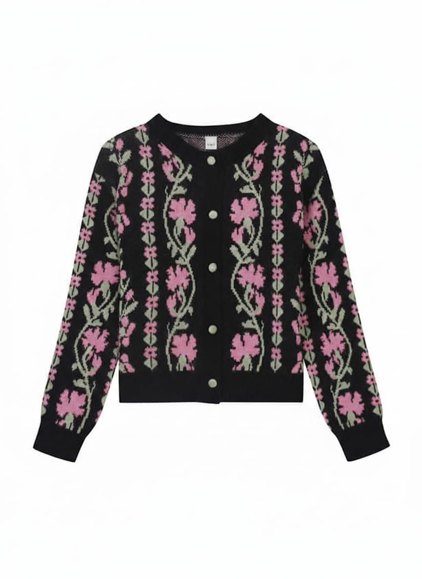 Floral Trend Knit Cardigan Black Freesize - Sweater for Women-image-37