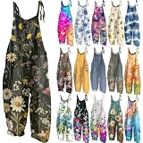 Summer Cotton Linen Plus Size Floral Boho Gardening Cloth Overalls Jumpsuits Rompers for Curvy Women Loose Fit Bib Baggy Jumpers Pants 2025 Dark Green L