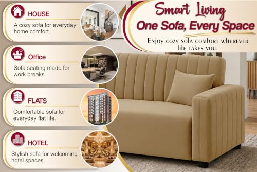Image of Modern 3 Seater Sofa | Vertical Channel Tufted Backrest & Armrests | Plush Cushioned Seating | Contemporary Upholstered Couch for Living Room, Bedroom & Office - Golden Color