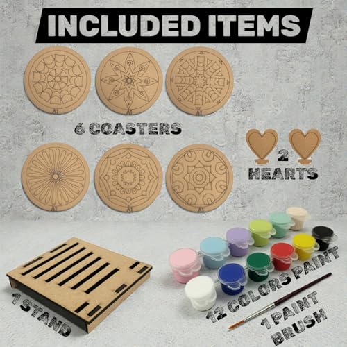 Image of BAGJI TOYS DIY Coaster Painting Kit for Kids & Adults - 6 Pre-Marked Wooden Tea Coasters with Stand, 12 Acrylic Colours & Brush - Mandala Art & Craft DIY Set - Beginner Friendly Painting Craft Kit, Birthday & Gift Activity (MandalaA1)
