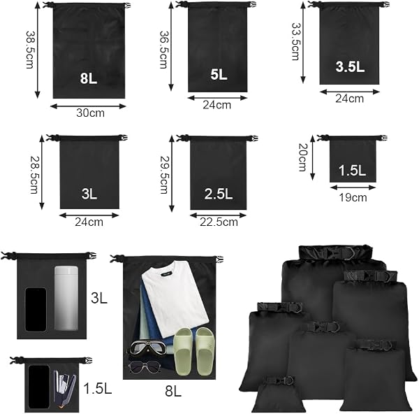vsshe 6 Piezas Bolsas Estancas Impermeable, 1.5/2.5/3/3.5/5/8L Bolsas Secas Ligeras, Bolsas Estancas Ligeras Portátil, para Kayak, Senderismo, Rafting, Camping, Pesca, Ciclismo (Negro) - 2