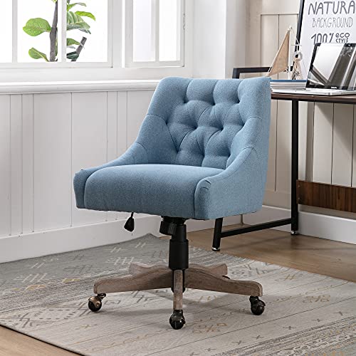 Goujxcy Modern Velvet Adjustable Height Swivel Home Office Chair With Wheels, Wooden Legs Armless Desk Chair With Nailhead Trim For Living Room Home Office (Blue) #TOP2