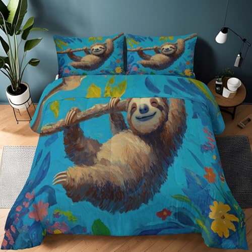 Edredón 135 x 200 cm con Estampado,Pintura al óleo Animal Perezoso Edredón sin Funda Reversible Lightweight Warm Duvet Acolchado para Azul - Adecuado para Todas Las Estaciones