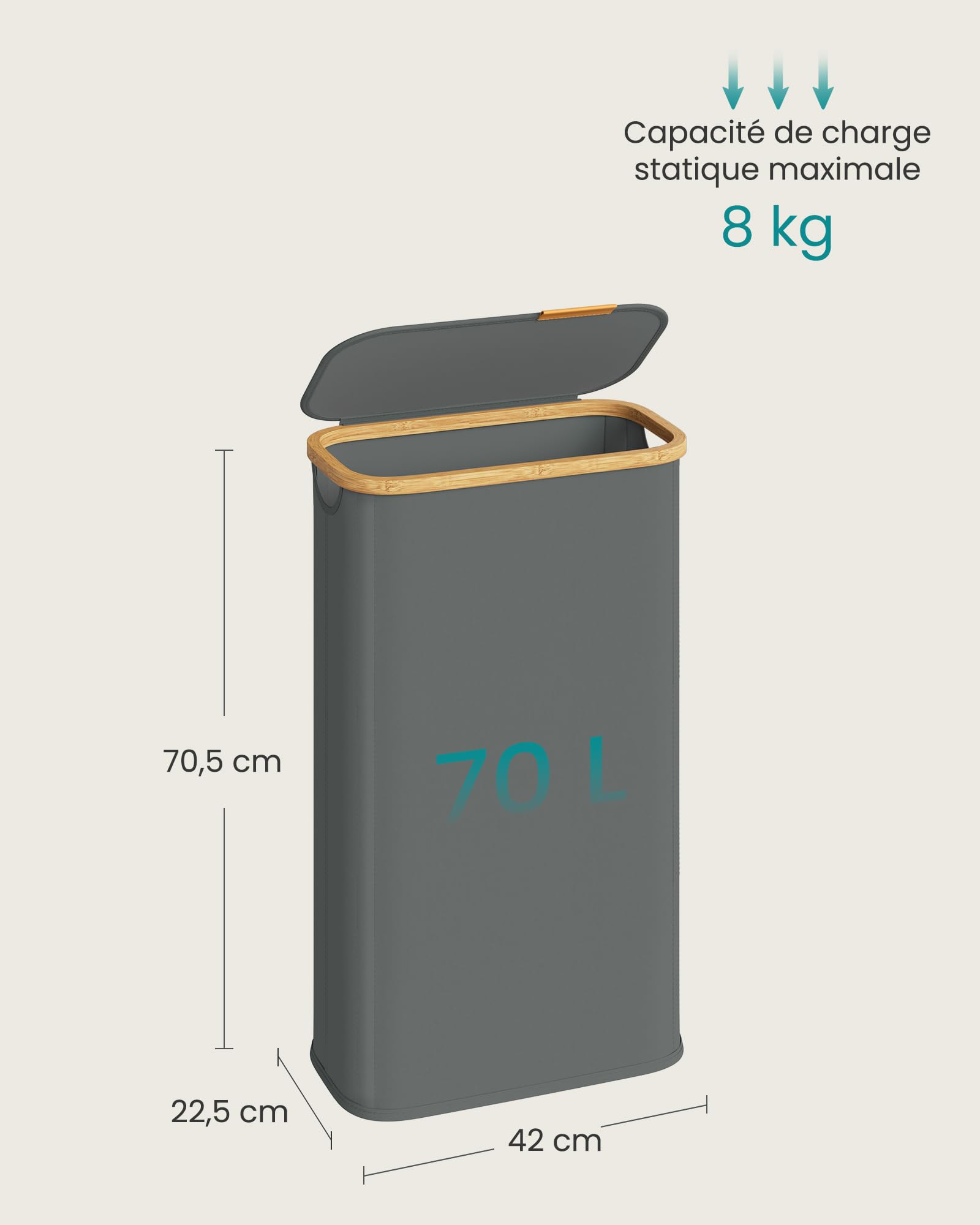 SONGMICS Panier à Linge avec Couvercle, Corbeille Fine, en Tissu Oxford, Pliable, Cadre en Bambou, pour Buanderie, Chambre, Salon, 70 L, 42 x 22,5 x 70,5 cm, Gris Ardoise LCB517GN01