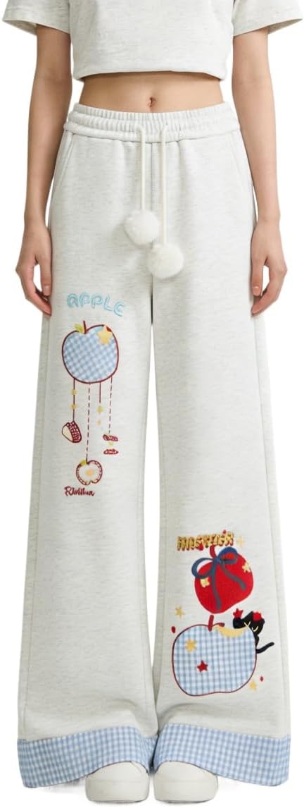 Womens Kawaii Cartoon Embroidered Wide Leg Sweatpants Cute Pom-Pom Drawstring Baggy Casual Pants Harajuku Streetwear