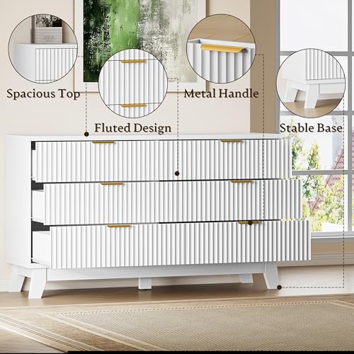 Image of BORNOON Fluted 6 Drawer Dresser, 47.2 inch Wide Modern Boho Chest of Drawers, Wooden Storage Dresser TV Stand for Bedroom, Living Room, Closet, Hallway, Curved Profile Design