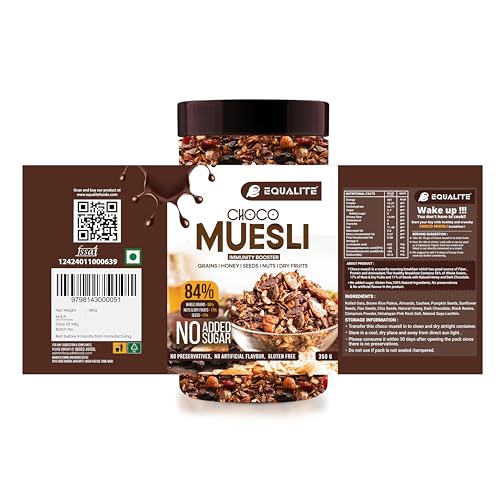 Image of Equalite Choco Muesli I Dry fruits I Muesli I Fruit and Nuts I No added sugar I Dark Chocolate I Granola I High protein I Breakfast I Healthy food I Gluten Free |No preservatives | High fiber | High Omega-3 | High Minerals & Vitamins |Weight loss food I Equalite foods | 350g