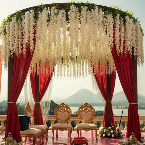 Image of Party Propz Ivory Wisteria Artificial Flowers for Decoration - 12Pcs (3.6ft), Money Plant Artificial Leaves- 2Pcs(8ft), Haldi Decoration Items for Home Decor, Flowers for Decorations Backdrop