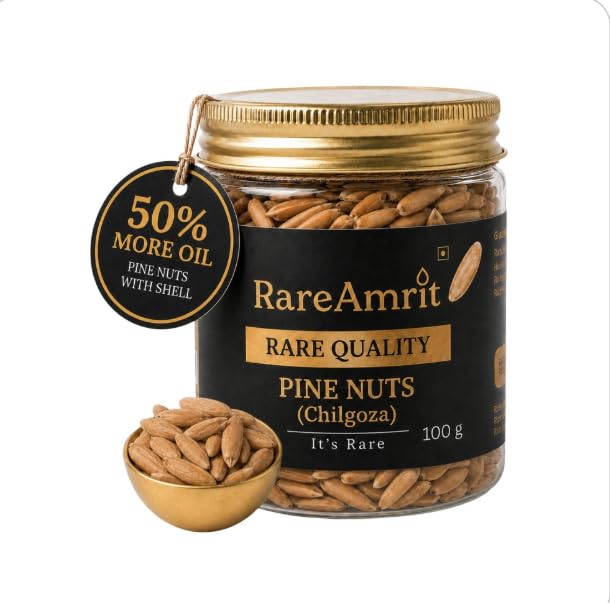 Image of Rareamrit Premium Chilgoza Pine Nuts /Chilgoza with Shell 100g | Premium Jumbo Size Pine Seeds | Chilgoza Seeds, Chilgoza Giri Dry Fruit | High In Fiber | Antioxidant Rich Vitamin E, Good Fats