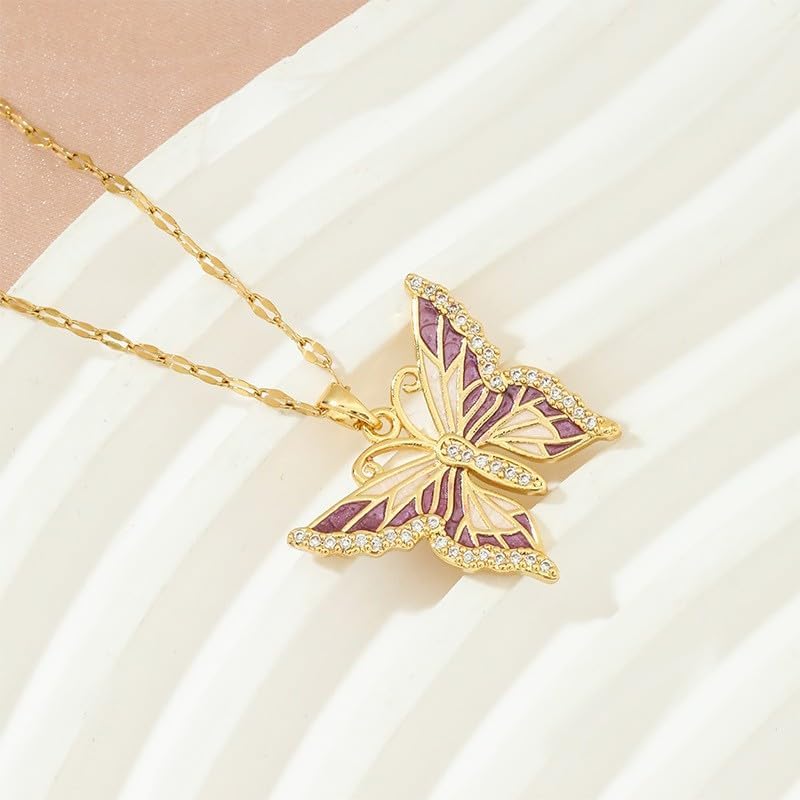 Q&D&S 14K gold plated butterfly necklace ，purple Dainty Rhinestone Pendant Necklace, Crystal Butterfly Pendant Necklaces Chain Sparkly Neck Jewelry for Women - Image 5