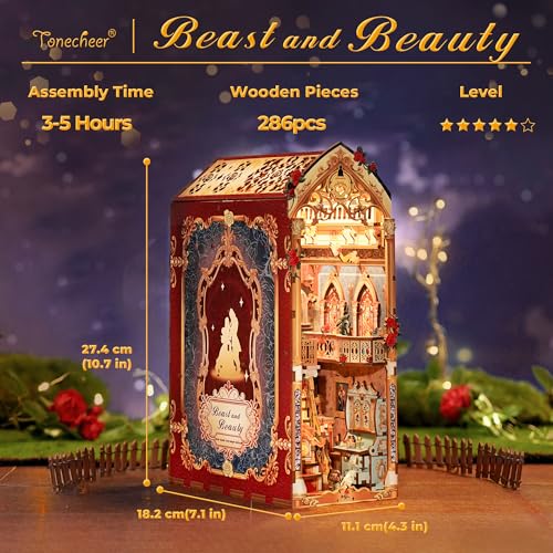 Image of Tonecheer DIY Book Nook Kit for Adults, 3D Wooden Puzzle Music Booknook Miniature Dollhouse, Fairy Tale Bookend Bookshelf Decor with Dust Cover and LED Lights Gifts (Beast‌ and Beauty)