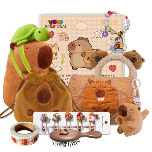 Capybara Plush Gifts for Girls 4 5 6 7 8 9 10+ Years Old, Kids Cute Capybara Toys with Stuffed Animal/Keychain/Bag/Bath Towel/Hair Pins/Bracelet/Headband, Christmas Birthday Plush Toys Set