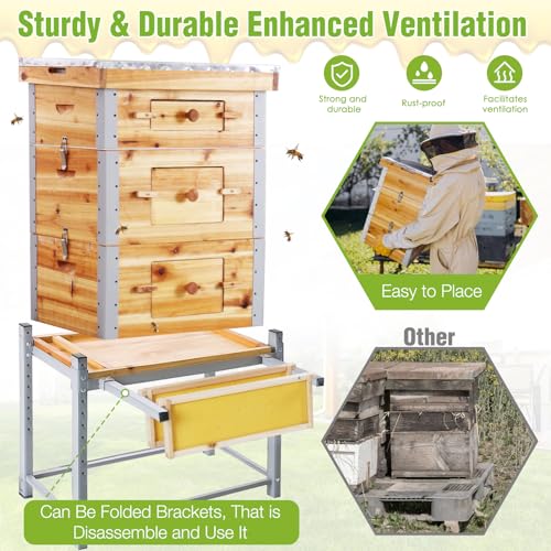 GUTINNEEN Bee Hive with Metal Frame and Stand, 10-Frame Langstroth Beehive Dipped in 100% Beeswax, Bee Hives Box Includes Wooden Frames & Waxed Foundations