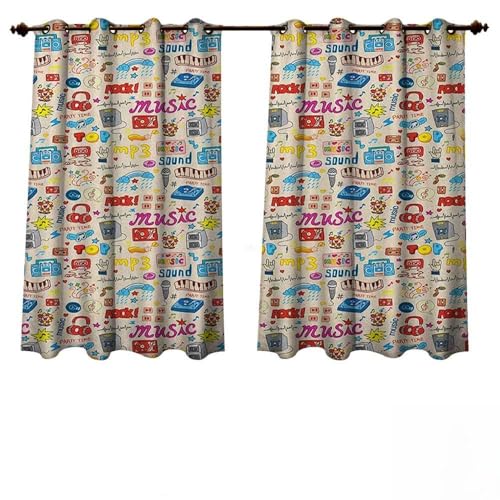Anshesix - Cortinas protectoras ultravioletas para exteriores, estilo retro, estilo pop, iconos de música, cintas de casete, grabaciones, auriculares rock, DJ, imagen infantil, 108 x 72 (274 x 183 cm)