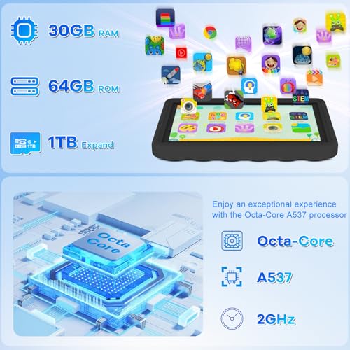 Image of DMOAO 10.1 Inch Kids Tablet Android 15-30GB RAM+64GB ROM(1TB Expandable), Octa-Core 2.0GHz, Anti-Blue Light Screen, 6000mAh, WiFi 6, 5MP+8MP, Parental Controls, EVA Case, Preloaded Edu Apps - Black