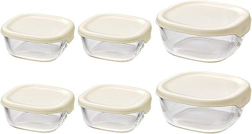 HARIO KST-2012-OW Heat Resistant Glass Storage Containers, Set of 6, Full Capacity 8.520.3 fl oz (250600 ml), Off-White, Made in Japan
