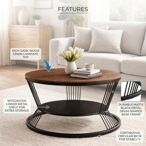 Image of EDEUEQUE Modern Coffee Table Round Simple Coffee Tables with Storage Shelf with 1-Tier Storage Shelves, Center Table Minimalist Cocktail Table for Living Room, Office Black Brown