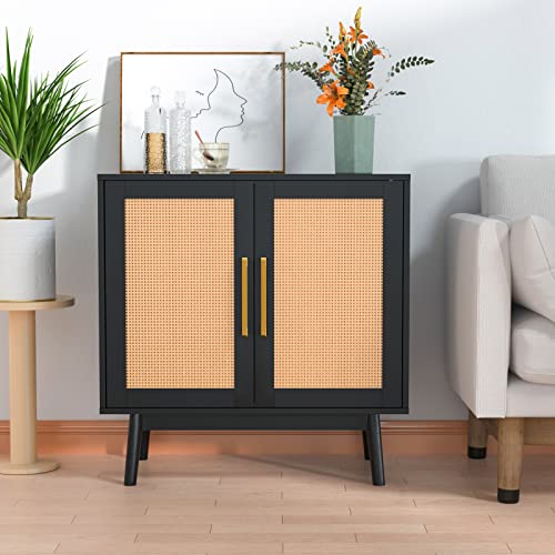 Carpetnal Sideboard Buffet Cabinet, Modern Rattan Storage Cabinet With Double Doors And Adjustable Shelves, Accent Cabinet For Living Room, Bedroom, Hallway (Black) #TOP2