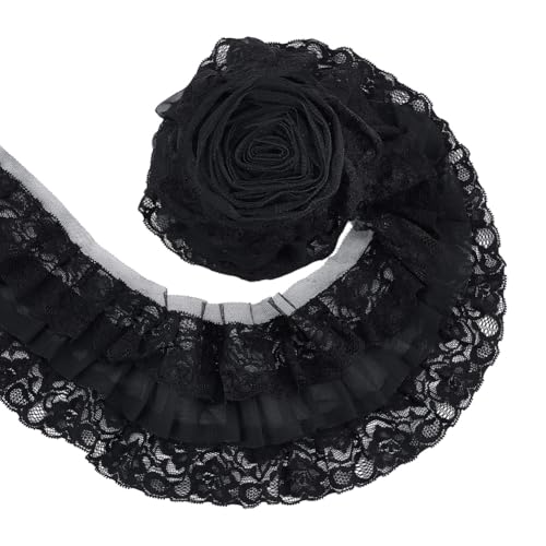 UNICRAFTALE 4.37 mètres 3 Couches Plissée Organza Bordure en Dentelle Froncée Volantée Ruban en Mousseline de Soie Noir Bordures Plissées Tissu pour...