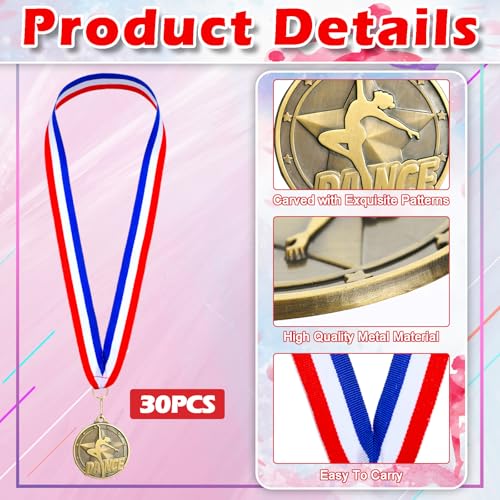 Quelay 30 Pcs 2'' Award Medals Bulk Gold Winner Medals with Neck Ribbons Metal Trophy Award Prize Gift for Tournaments, Competitions, Party, Kids and Adults(Dance Star)