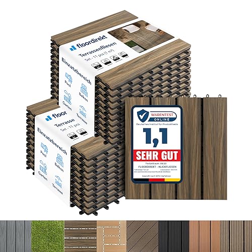 Floordirekt Piastrelle giardino esterno ad incastro WPC 30x30cm, 2m² 22 pezzi, per terrazzo, balconi, in legno Composito Pavimenti da Esterno, con funzione di drenaggio | legno profondo | Mix Teak