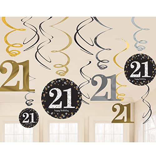 Amscan-21St Swirl Decoration Value Pack Glittery Gold (12 Pezzi) -1 Confezione, Oro, 21, 9900566