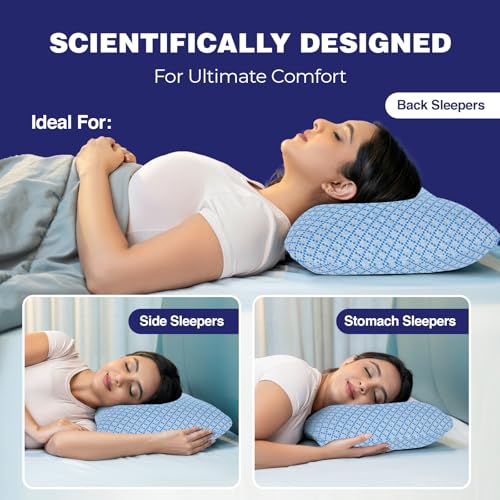Image of WELLGIVER Ergonomic Memory Foam Pillow for Neck Pain | 2 Years Warranty | 21 x 14 x 4.5 Inch | Orthopedic Pillow for Side Sleeping | Removable Washable Jacquard Blue Cover | Pack of 2