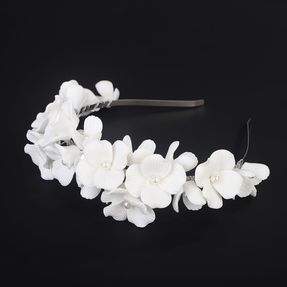 White Flower Pearls Headband Silver Wedding Headband Handmade Flowers Bridal hair Crown Flowers Wedding Bride Hair Tiara Wedding Hair Accessories for Women Girls - Image 4