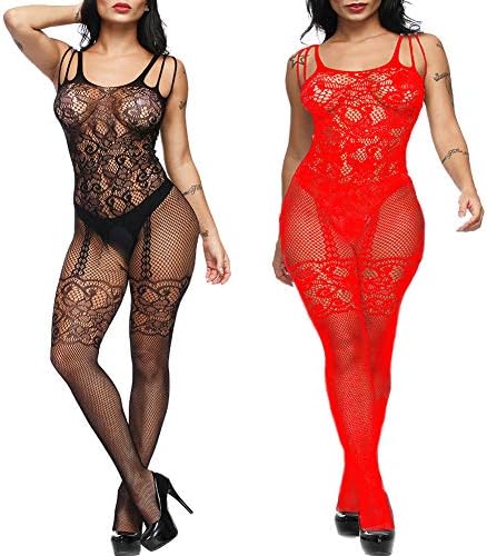 VivilY 2Pack Black/Red Sheer Lingerie Babydoll Teddy Nightie Leotard Body Suit Stocking (Black/Red 836)