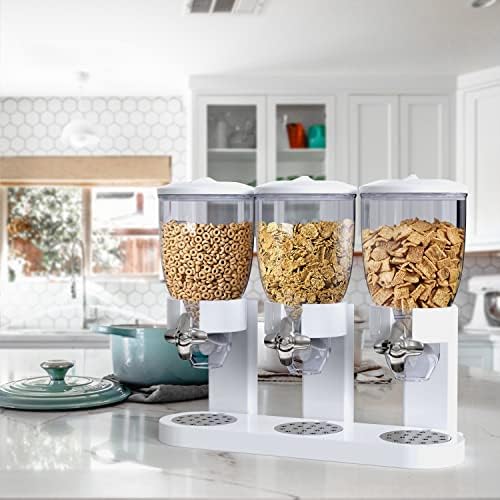 triple food dispenser - easy to use dry food dispenser perfect as a candy, nuts, rice, granola, cereal dispenser & more - dispensing 1 ounce per twist and preserving freshness for fun, easy serving. white