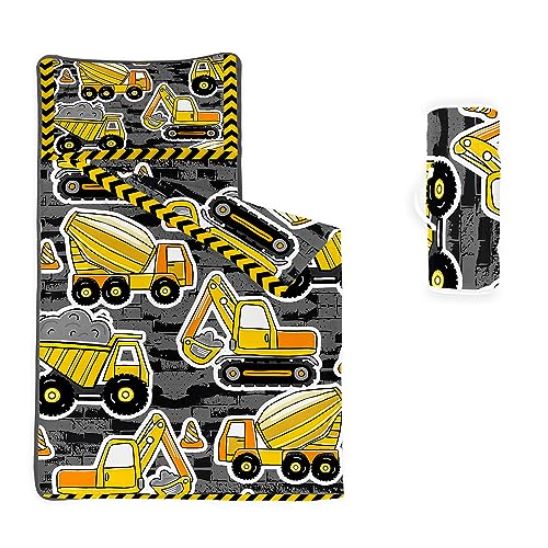 Datura home Nap Mat -Excavator Truck Sleeping Bag with Removable Pillow - Daycare and Sleepovers Preschool Kindergarten Bedding Set for Kids Toddler Boys Girls(Truck2 Standard)