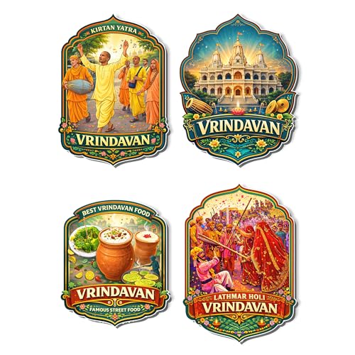 Image of Regalo Casila Vrindavan Souvenir Fridge Magnet Set of 4 Pcs Kirtan Yatra Lathmar Holi Vrindavan Temple Street Food Refrigerator Magnets Travel Souvenir Gift Kitchen Fridge Decor