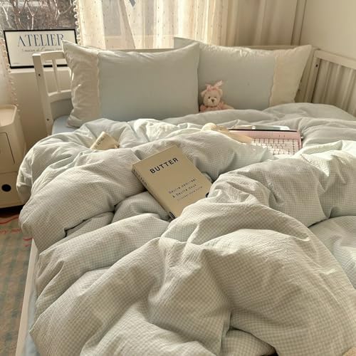 Image of MKXI Blue Gingham Duvet Cover Set King Size - Delicate White Lace Trimmed Soft Washed Microfiber Bedding Set, Vintage Cottagecore Style for Girls & Teens, 3-Piece with Zipper Closure