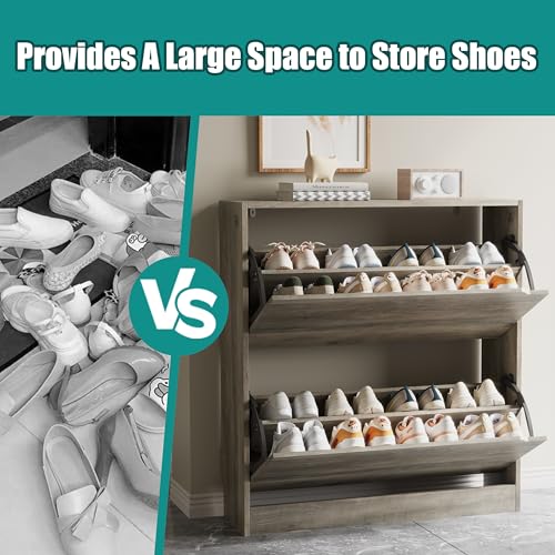 Image of Xixini Shoe Storage Cabinet for Entryway with 2 Flip Drawers, Sturdy Wood Hidden Shoe Storage, Freestanding Narrow Slim Shoe Organizer for Front Door Entrance, Living Room, Hallway, Bedroom, Grey