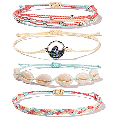 Fancy Shiny Wave String Bracelets Cute Shell Bracelets Trendy Boho Jewelry Teen Girl Gifts Handmade Stackable Rope Bracelets For Women Girls(Rouge) #TOP11