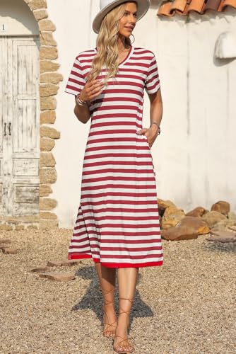 Image of Dokotoo Womens Summer Casual Trendy 2026 Short Sleeve Maxi Dress Striped Split Vacation Color Block T Shirt Dress