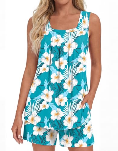 Image of LONGYUAN Womens Sleeveless Pajama Set Soft Summer Lounge Shorts Tank Top Sleepwear with Pockets 2 Piece Set M-3XL